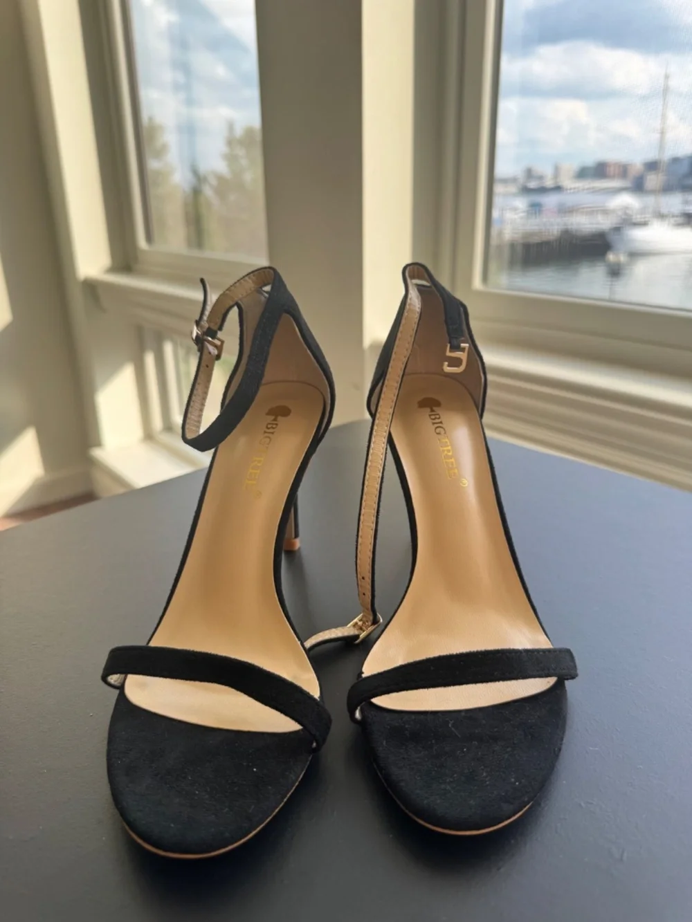 Black Faux Suede Strappy Stiletto Heels Ankle Strap Sandals Size 7.5